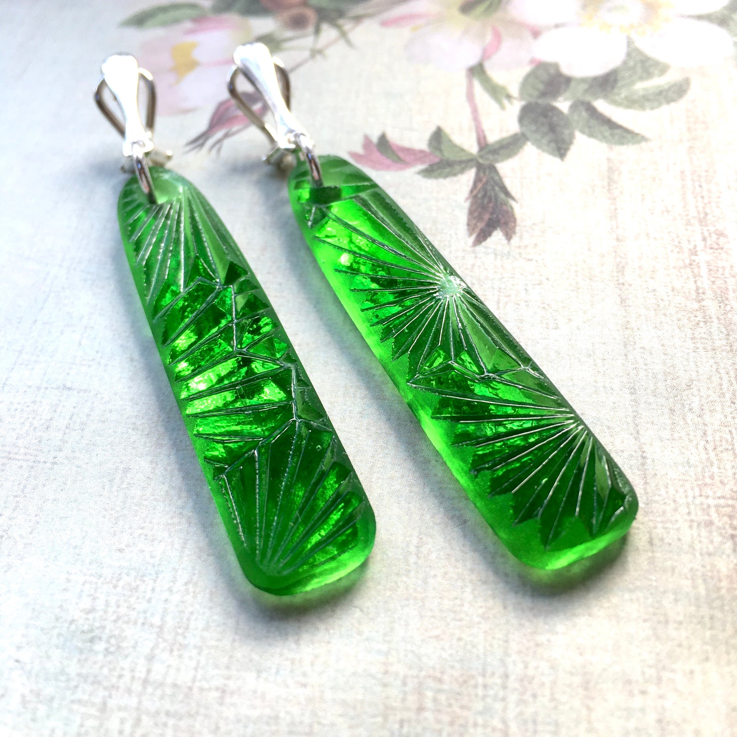 Clip on-Green Starfire Glass Earrings - samanthajoyglass